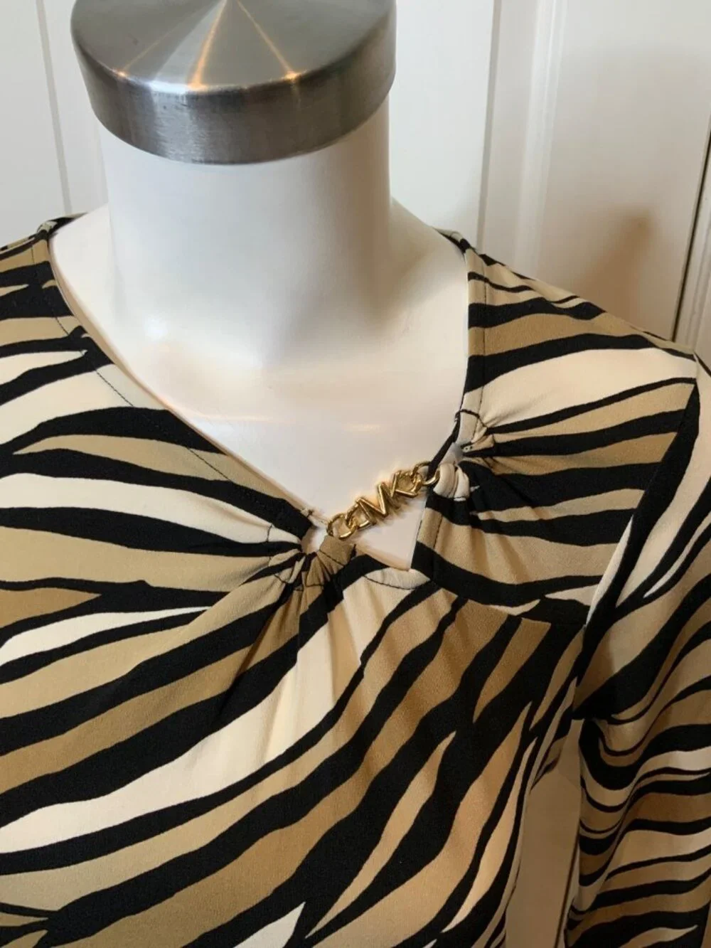 Michael Kors Tan Zebra Striped Gold Logo Dress, Size M